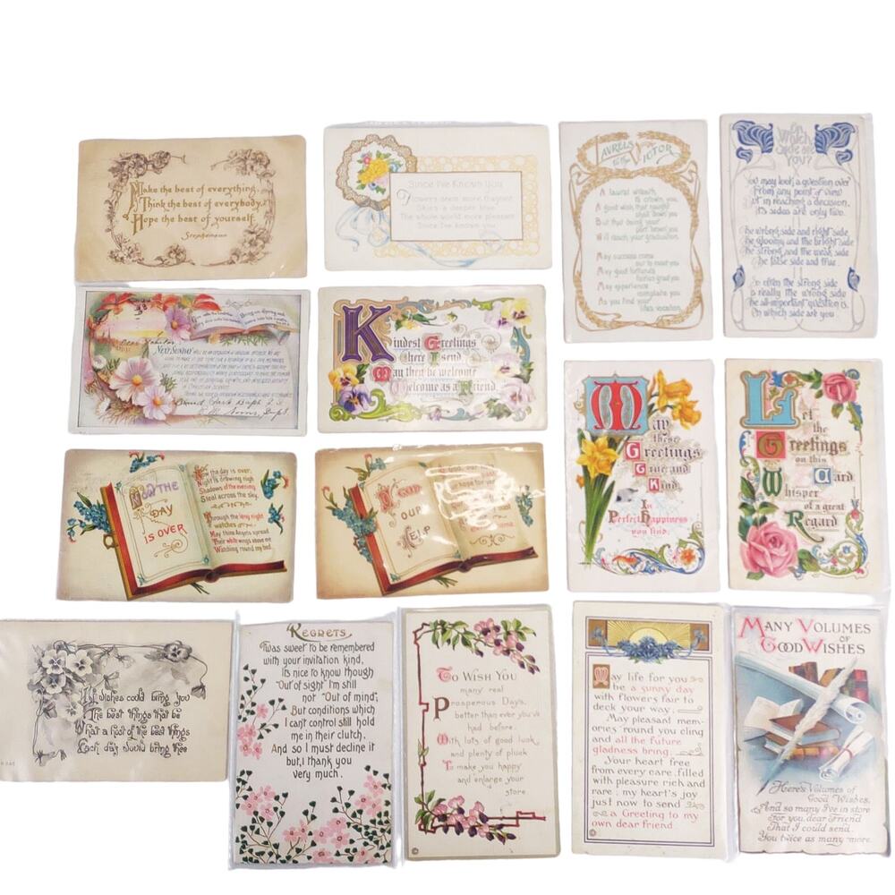 Set 15 Antique Early‎ 1900s Gold Embossed Poetry Greeting Cards Postcards Poems